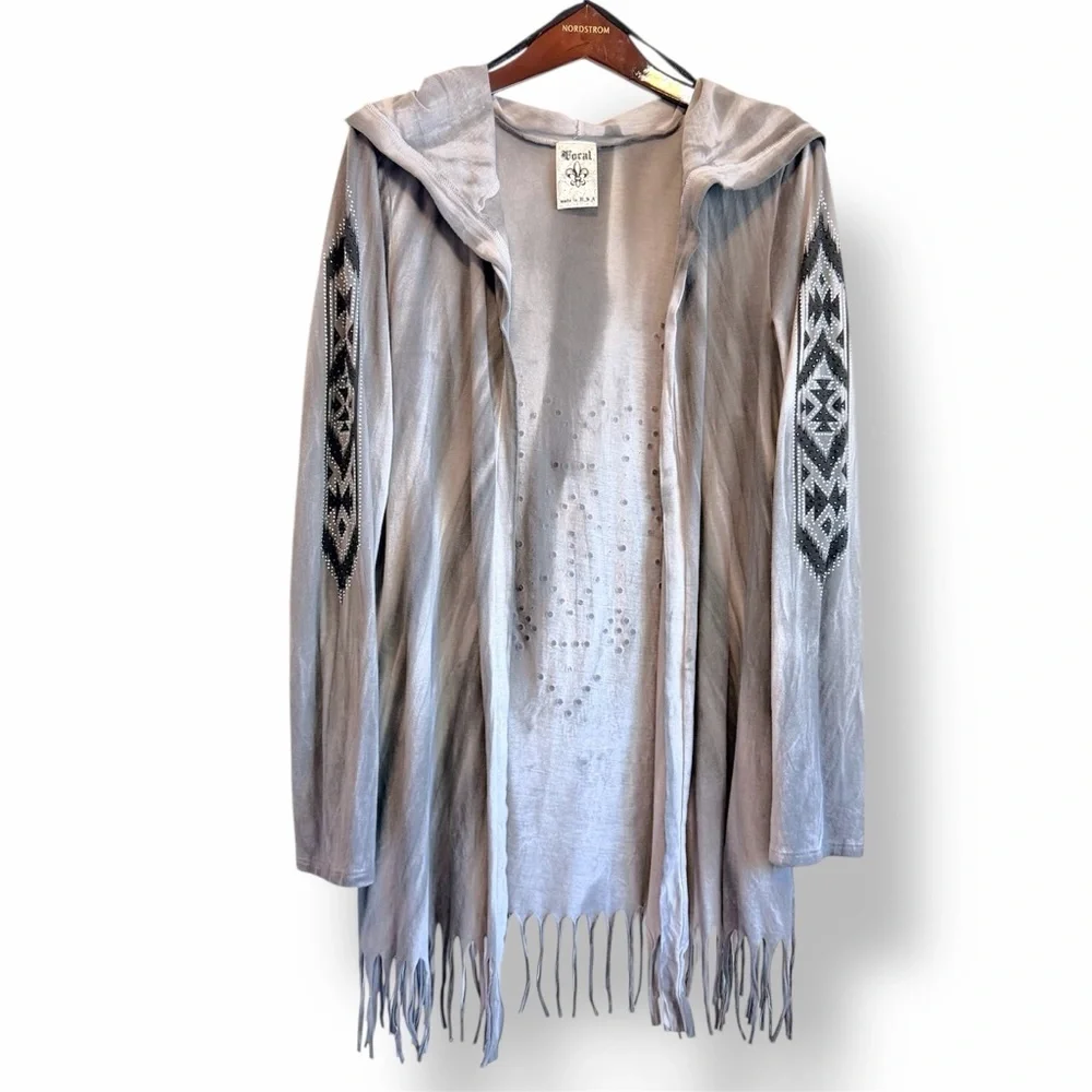 Vocal 100% Cotton embellished open front hooded Cardigan, fringed hem tie dye XL